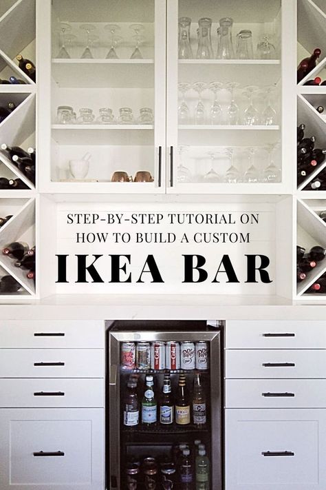 Step-By-Step Tutorial On How To Build A Custom Ikea Bar Ikea Kitchen Planner, Ikea Bar, Basement Decoration, Home Bar Cabinet, Home Bar Rooms, Diy Home Bar, Basement Bar Designs, Kitchen Planner, Bar Inspiration