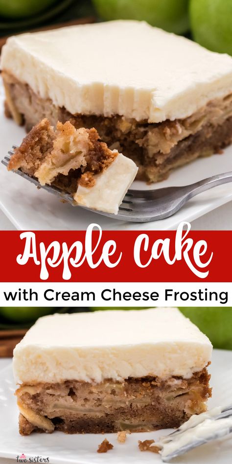 This Apple cake is so good. Chock full of apples and cinnamon flavor and topped with our creamy, delicious Cream Cheese Frosting. This is one of those easy sheet cake recipes that is great for a fancy get-together AND a backyard barbecue. We hope you love this recipe as much as our family does! Pin this easy cake recipe for later and follow us for more delicious Apple Dessert recipe ideas. Apple Cake With Peanut Butter Frosting, Apple Cider Sheet Cake, Easy Sheet Cake Recipes, Apple Cake With Cream Cheese, Apple Sheet Cake, Apple Squares, Fall Yummies, Easy Cake Recipe, Easy Apple Cake