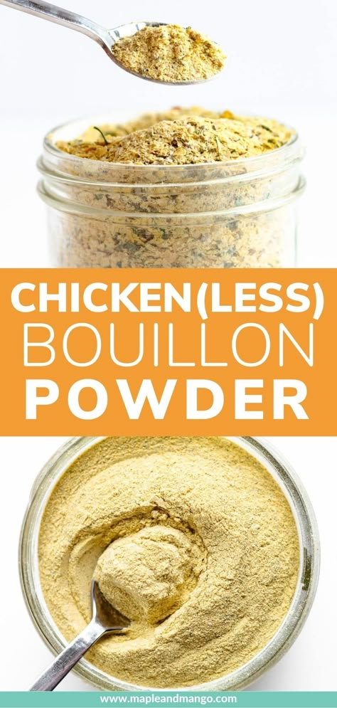 Add amazing flavor to your food with this homemade bouillon powder. You’re going to want to add this stuff to EVERYTHING! This recipe is easy to make, super flavorful and much healthier than the store bought version. It’s naturally vegetarian but tastes just like chicken bouillon powder and can also be used as a chicken broth substitute. It's so good and one of my favorite seasoning blends! | www.mapleandmango.com Beef Bouillon Recipe, Chicken Bouillon Recipe, Homemade Bouillon, Chicken Broth Substitute, Bouillon Recipe, Chicken Bouillon Powder, Mix Vegetable Recipe, Homemade Dry Mixes, Chicken Bullion