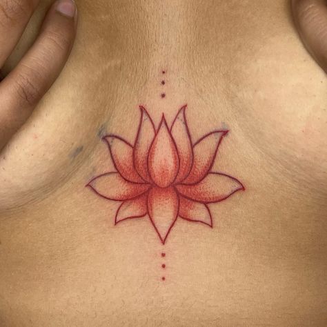 Lotus Flower Bomb 🪷 peep the lil money sign we did too 😌 #ladysmokeinkk #lotusflower #redtattoo #redink #infinitiink #socute #sternumtattoo #ouch #7rl #ambitionrotary #girltatinspo #girlytattoos #tattoosforgirls #girlswhotattoo #tattoo4u #explorepage #foryou #bookwithme #dmtobook #chicago #midway #garfieldridge Lotus Flower Tattoo On Neck, Laos Tattoos For Women, Lotus Chest Tattoo For Women, Women’s Neck Tattoos, Red Hip Tattoo, Female Sternum Tattoo, Lotus Flower Spine Tattoo, Prosperity Tattoo, Tattoos Practice