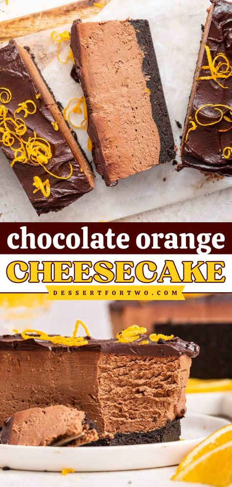 If you need a holiday dessert that serves 6 people or less, use this no bake recipe! After crushing oreos and pressing them into a loaf pan, make this no bake Chocolate Orange Cheesecake filling to spread on top. You can make this a day ahead of time, and just leave it in the fridge until you're ready to serve! Mini Chocolate Orange Cheesecakes, Chocolate Orange Cheesecake, Easy Impressive Dessert, Creamy Chocolate Cheesecake, Orange Cheesecake, Icebox Desserts, Cheesecake No Bake, Batch Recipes, New Year's Desserts