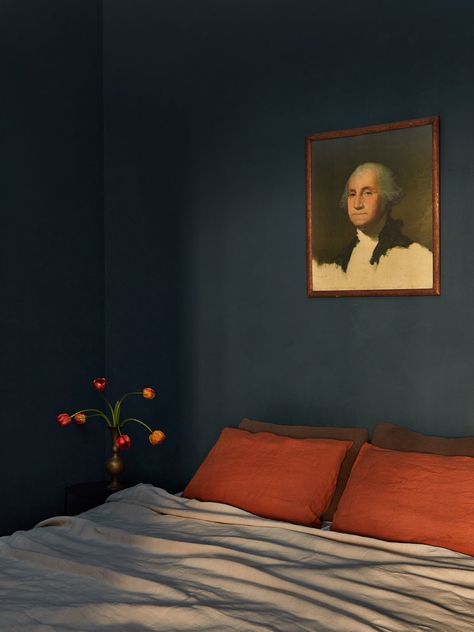 Blue Walls Interior Design, Rust Walls Bedroom, Blue Bedroom Eclectic, One Colour Room, Denimes Farrow And Ball Bedroom, Room Colors Ideas Bedroom, Cobalt Blue Interior Design, Green Wall Painting Ideas Bedroom, Moody Jewel Tone Bedroom