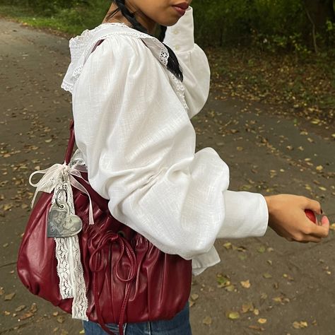 Vintage Red Bag Outfit, Red Leather Bag Aesthetic, Red Purse Outfit Aesthetic, Red Bags Aesthetic, Cherry Bag Outfit, Red Vintage Bag, Red Backpack Aesthetic, Cherry Red Bag, Red School Aesthetic