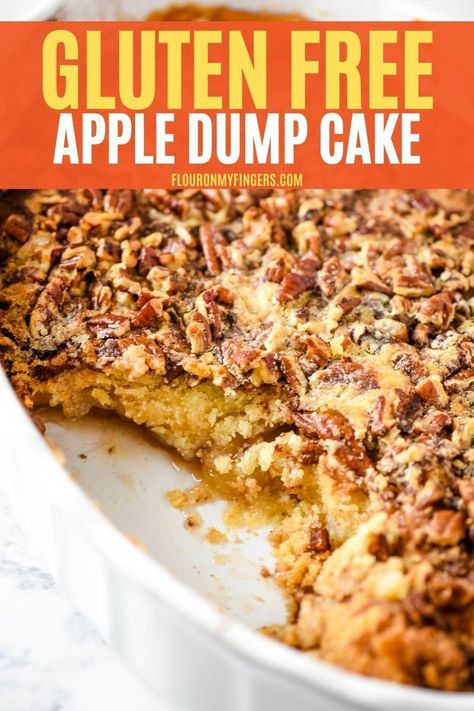 Make a gluten-free caramel apple dump cake with gluten-free cake mix, pie filling, and pecans. Easy dessert recipe with just 5 simple ingredients. Perfect for the holidays! #appledumpcake #dumpcake #cake #applerecipes #fallrecipes #easydesserts #glutenfree #glutenfreedesserts Gluten Free Cake Mix Recipes, Apple Recipes Gluten Free, Gluten Free Yellow Cake Mix, Fall Desserts Gluten Free, Gluten Free Caramel Apples, Gluten Free Apple Recipes, Gluten Free Apple Cake, Apple Dump Cake Recipe, Gluten Free Apple Pie