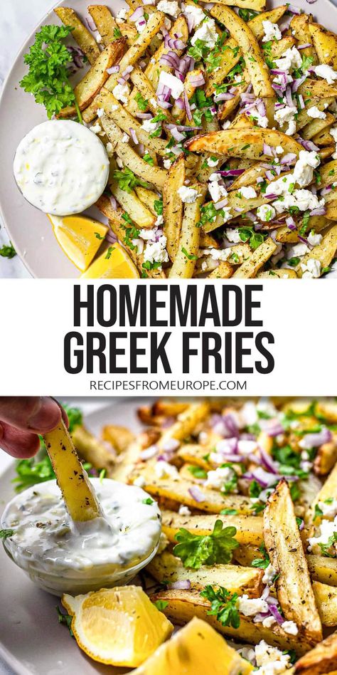 Want to make Greek Fries? These tasty fries - perfectly seasoned with dill and oregano - are topped with crumbly feta, red onion, & parsley! Greek Souvlaki Platter, Greek Feta Fries Recipe, Easy Greek Appetizers Parties Food, Easy Greek Meals, Cheap Greek Recipes, Greek Feta Fries, Greek Feta Recipes, Greek Style Dinner, Meal Sides Ideas