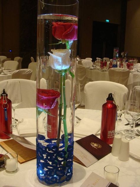 Marine Corps Ball - Underwater roses. Patriotic Centerpiece by www.itsmydelight.com Marine Retirement, Usmc Wedding, Marine Corps Wedding, July 4th Wedding, Marines Corps, Marine Corps Ball, Banquet Centerpieces, Army Wedding, Patriotic Centerpieces