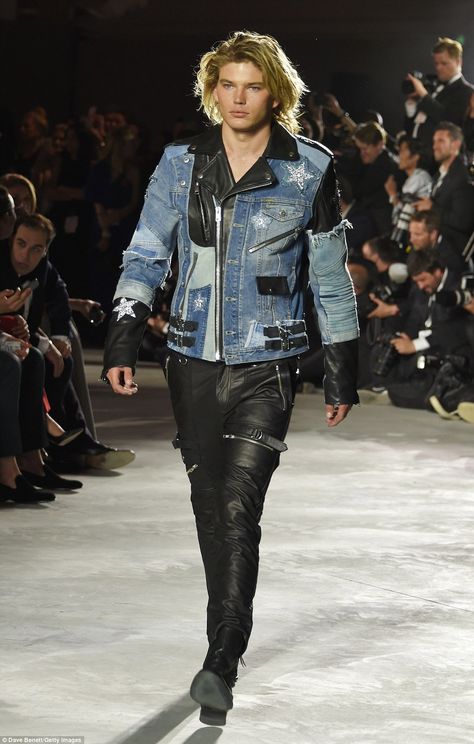 Doing it for the boys: Male model Jordan Barrett also took to the catwalk donning a pair of leather trousers along with a biker leather jacket that sported mismatched denim panels Biker Outfit Men, Pete Wicks, Deconstructed Denim, Jordan Barrett, Rock Star Outfit, Stunning Fashion, Sheer Mini Dress, Biker Leather Jacket, Scantily Clad