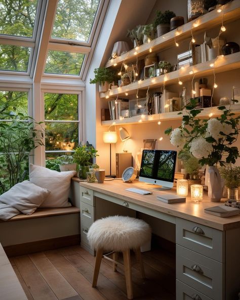 Cozy Office Furniture, Organize Office Storage Room, Cozy Modern Office, Cozy Hobby Room, Floral Home Office, Cosy Home Office, Earthy Office, Boho Home Office, Rum Inspo