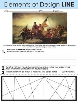 Art History & Art Elements-LineThis worksheet Introduces Washington Crossing the Delaware made by Emanuel Leutze. The student will write about the art and symbols in the work. This project includes 2 projects that focus on line. The larger template can be used as a final art project. Final Art Project, Washington Crossing The Delaware, Crossing The Delaware, Line Art Lesson, Art Analysis, History Worksheets, Art Criticism, History Classroom, Art Elements