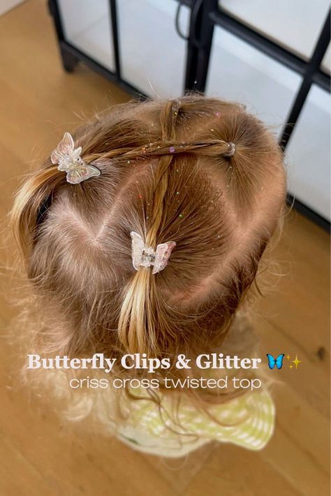 Hair Do With Butterfly Clips, Butterfly Clips Hairstyles Kids, Butterfly Clips Hairstyles, Golden Highlights Brown Hair, Aurora Hair, Butterfly Hairstyle, Easy Toddler Hairstyles, Accessories Butterfly, Twisted Top