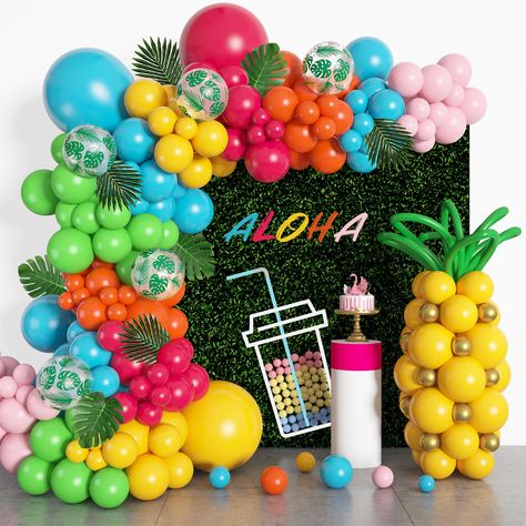 PRICES MAY VARY. Tropical Balloon Arch Kit: You'll receive 3pcs 18" tropical balloons(hot pink+blue+yellow), 5pcs 12" palm leaves printed balloons, 115pcs 12"10"5" balloons(16hot pink/16orange/16blue/41yellow/16fruit green/10pastel pink), 20pcs 5" metallic gold balloons, 10pcs long twisting balloons(5yellow+5green), 8pcs 8" palm leaves and 4pcs balloon tools. These are such fun and shiny tropical party decorations pack which almost contain everything you need to throw parties! Suitable for Vario Tropical Balloon Arch, Tropical Balloons, Aloha Party Decorations, Pineapple Balloons, Margaritaville Party, Hawaiian Beach Party, Birthday Luau, Twisting Balloons, Luau Party Supplies