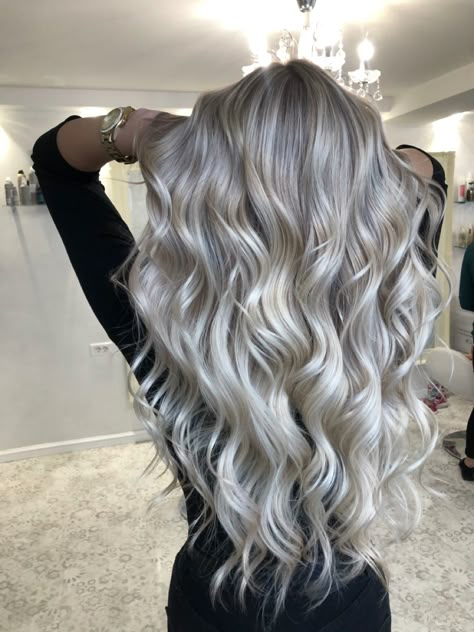 Silver Blonde Long Hair, White Blonde With Shadow Root, Platinum Hair Highlights, Silver Ash Blonde Hair Balayage, Icy Blonde Balayage With Money Piece, Ice Blonde Hair Balayage, Silver Blonde Hair Balayage, Cool Ash Blonde Balayage, Icy Ash Blonde Hair