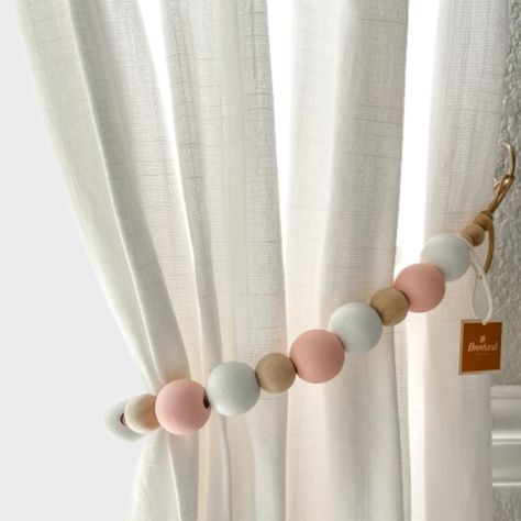 Pink And White Curtains, Pink Curtain, Rideaux Boho, Cortinas Boho, Boho Baby Nursery, Painted Beads, Wood Curtain, Curtain Holdbacks, Pink Nursery Decor