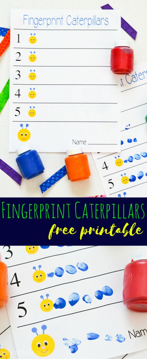 These fingerprint caterpillars are a fun way to work on number awareness! A simple craft project that only needs the free printable and some paint. Insects Preschool, Bugs Preschool, Caterpillar Craft, Insects Theme, Preschool Projects, Toddler Art Projects, Spring Preschool, Numbers Preschool, Simple Craft