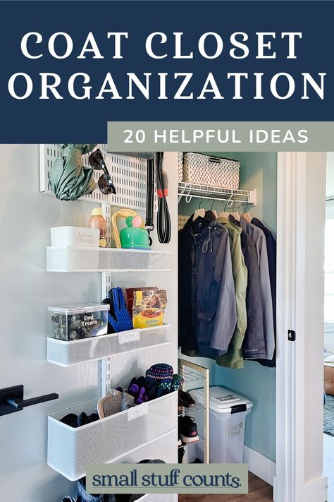 How To Declutter & Organize Your Coat Closet - 20+ Ideas For Families! - Small Stuff Counts Coat And Utility Closet Organization, Utility Coat Closet, Coat Storage Small Space, Small Entry Closet Ideas, Coat Closet Organization Front Entry, Small Coat Closet Ideas, Entryway Coat Closet, Small Entryway Closet, Small Entry Closet