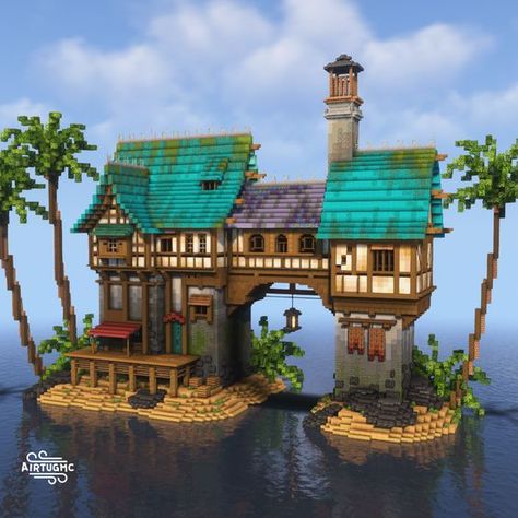 Minecraft Seashell Build, Raft Building Ideas, Coastal House Minecraft, Seaside Village Minecraft, Beachy Minecraft Builds, Minecraft Aquatic Build, Waterhouse Minecraft, Minecraft Building Ideas Beach, Minecraft Seaside Town