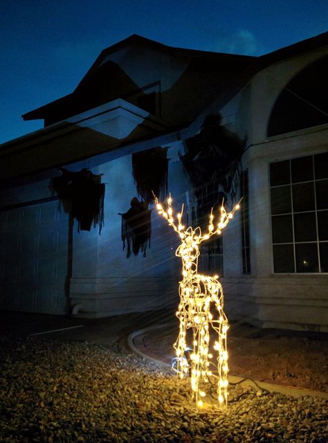 ⚡Expecto Patronum⚡Harry Potter Patronus Halloween decorations  - we used our Christmas reindeer decor to ward off the Dementors. Harry Potter Halloween Exterior Decorations, Diy Halloween Decorations Outdoor Harry Potter, Harry Potter Themed Front Porch, Hogwarts Halloween Decorations Outdoor, Hogwarts Front Porch, Harry Potter Outdoor Lights, Spooky Harry Potter Decor, Halloween Decorations Outdoor Harry Potter, Outdoor Harry Potter Christmas Decor