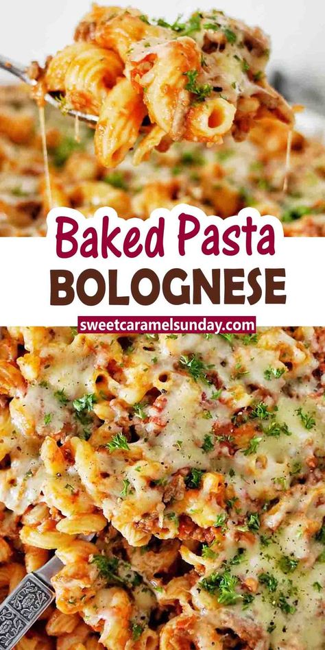 Spoon holding bolognese pasta over baking dish of the same with text label Beef Bolognese Sauce, Bolognese Pasta Bake, Beef Bolognese, Tomato Beef, Ground Beef Pasta Recipes, Bolognese Pasta, Creamy Pasta Bake, Creamy Spaghetti, Favorite Pasta Recipes