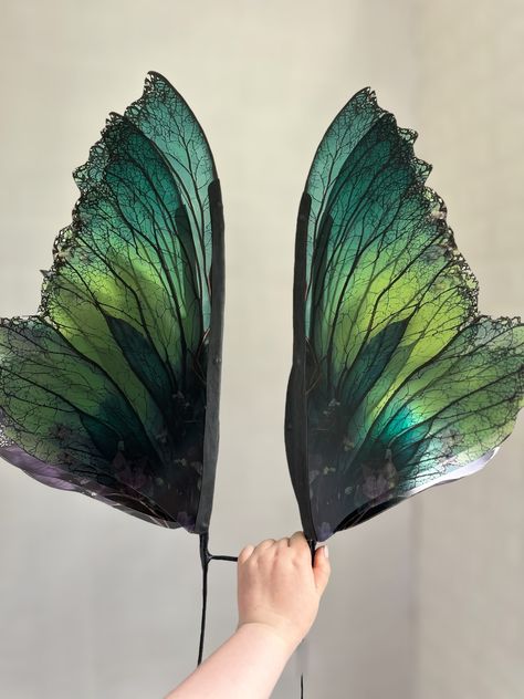 Folded Fairy Wings, Absinthe Fairy Costume, Diy Fairy Wings Tutorial, Forest Elf Costume, Fabric Fairy Wings, Dark Fairy Wings, Forest Fairy Wings, Leaf Outfit, Nature Halloween Costume