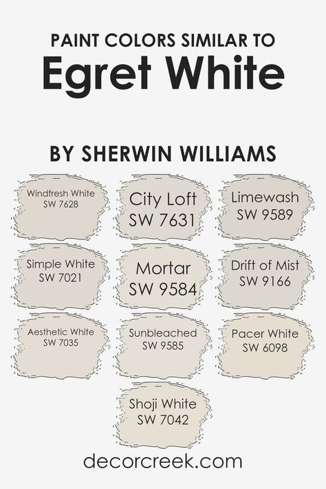 Colors Similar to Egret White SW 7570 by Sherwin Williams Moderate White Sherwin Williams, Egret White Sherwin Williams, White Sherwin Williams, Sherwin William, Off White Paint Colors, Sherwin Williams Green, Eider White, Egret White, Painting Trim White