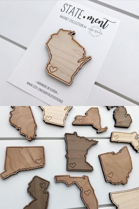 Show off your state pride with this State•ment magnet! This Wisconsin magnet is laser engraved and cut. Making a great small gift, this Wisconsin wood magnet is perfect as a moving or housewarming gift, graduation gift, stocking stuffer, or "just because" or "treat yourself" gift. Every wooden piece comes with a powerful little magnet on the back, perfect for using at home or at the office. Laser Projects Ideas To Sell, Wooden Fridge Magnets, Laser Engraved Ornaments, Laser Craft Ideas, Laser Gift Ideas, Things To Engrave, Laser Engraving Ideas Gifts, Laser Cut Projects Ideas, Laser Engraver Projects