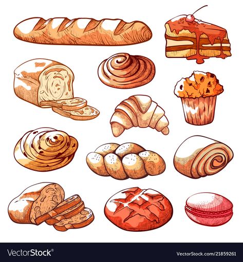 Vintage Bakery, Cake Illustration, Kitchen Decor Wall Art, Cute Food Art, Bakery Logo, Sweet Cookies, Seni Cat Air, Food Stickers, Bread And Pastries