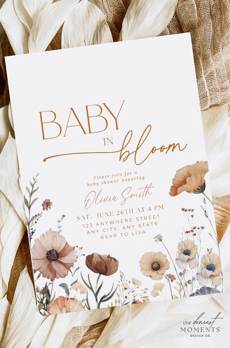 The perfect digital invitation template for your boho-inspired 'baby in bloom' themed baby shower! Effortlessly customize and share the joy online with this chic design. A perfect base for your fairy first decor to set the tone for a beautiful event! Perfect for hassle-free party planning. Make the day memorable and share the excitement with friends and family. Instant Download with the option of sending via text or printing. Visit 'Our Dearest Moments' to shop the and buy now! Flower Baby Shower Invitations, Baby In Bloom Neutral Shower Ideas, Baby In Bloom Invitation Template, Baby Im Bloom Baby Shower Theme, Baby In Bloom Shower Invitation, Girl Baby Shower Themes Spring, Spring Baby Shower Themes Neutral, Boho Floral Baby Shower Ideas, Spring Theme Baby Shower Ideas