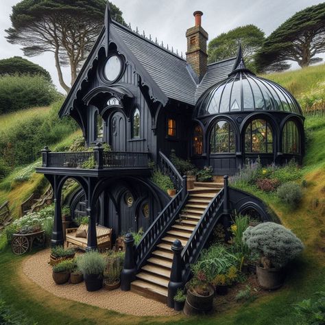 Image Creator Gothic Victorian Tiny House, Small Gothic Home Exterior, Witchy House Exterior Modern, Black Gothic House Exterior, Gothic Tiny House Plans, Tiny Gothic House, Alice In Wonderland Architecture, Goth Sims House, Gothic Tiny House Interior