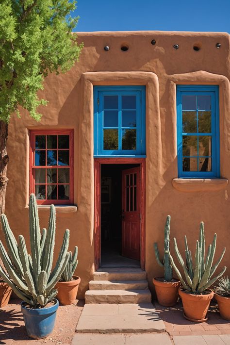 Art in the High Desert: Exploring the Vibrant Art Scene of Santa Fe Modern New Mexico Home, Santa Fe New Mexico Homes, Santa Fe New Mexico Aesthetic, Santa Fe Aesthetic, Arizona Farm, New Mexico Architecture, Santa Fe Architecture, Pueblo Style House, Modern Southwestern Decor