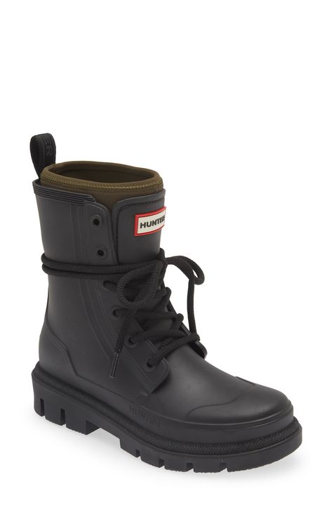 Hunter Diana Waterproof Rainboot available at #Nordstrom Humid Weather, Combat Boot, Women Hunters, Waterproof Shoes, Fashion Wishlist, Rain Boot, Black Olive, Natural Latex, Fabric Gift Bags