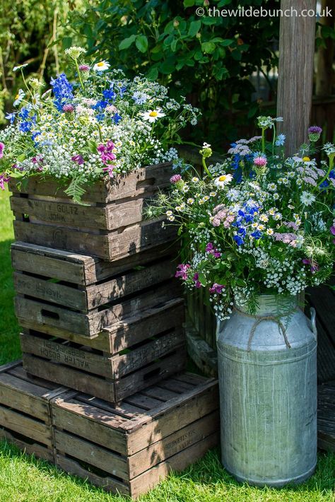 Country Chic Flower Arrangements, Country Wedding Flowers Rustic, Country Cottage Wedding Ideas, Country Style Wedding Flowers, Uk Country Wedding, Summer Cottage Wedding, Flowers In Crates, Flowers In Milk Churns, Flowers In Milk Can