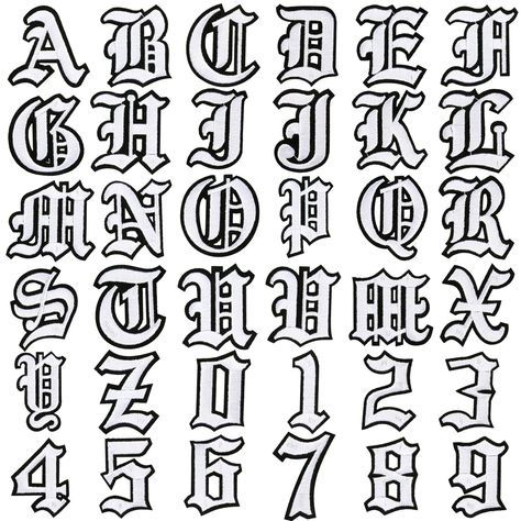 PRICES MAY VARY. Abundant Quantity and Style - The package comes with A-Z 26 varsity letter patches and 0-9 number badge goth iron on patches, sufficient quantity and diverse style to meet your various decorative needs on different occasions. Exquisite Workmanship - These gothic patches are mainly made of quality fabric material, laser cut without burrs, not easy to fade and change color. With high-strength hot-melt adhesive on the back, stable and not easy to fall off easily after heating. You Patch Stencils, Gothic Patches, Gothic Words, Patches For Jeans, Writing English, Tattoo Fonts Alphabet, Letter Fonts, 9 Number, Old English Letters