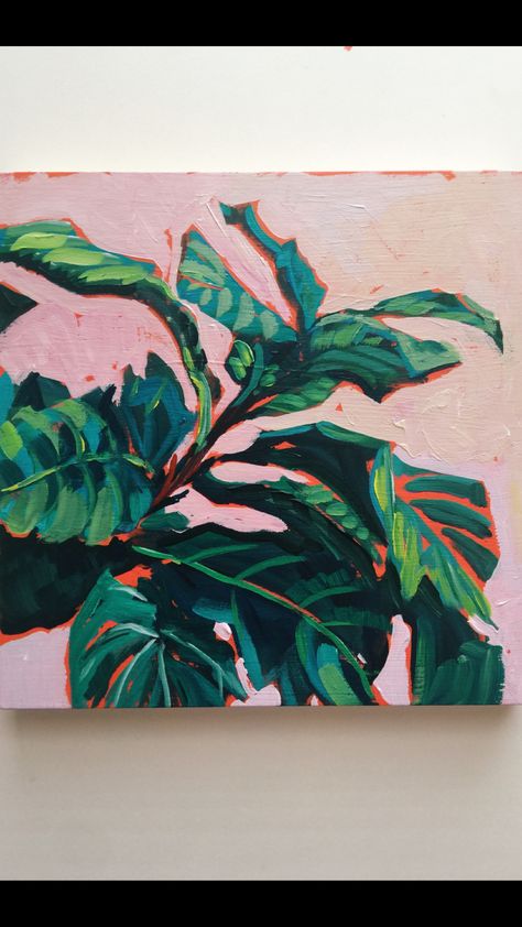 Plants Abstract Painting, Guache Plant Painting, Plant Painting Abstract, House Plant Painting Acrylic, Pothos Plant Painting, Painting Plants Acrylic, Guache Abstract, How To Paint Plants, Pink Underpainting