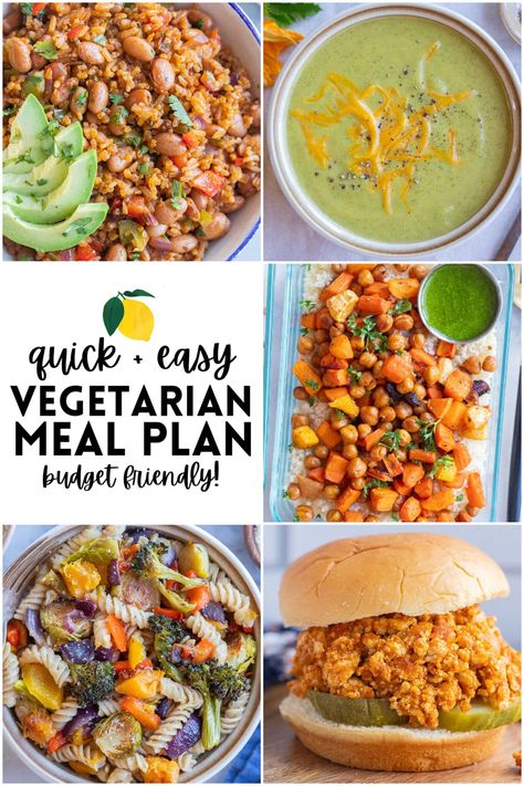 Easy Vegetarian Meal Plan - Week 7 - She Likes Food Vegetarian Lunches Easy, Vegetarian Weekly Meal Plan, Easy Vegetarian Meal Prep, Healthy Vegetarian Meal Prep, Easy Vegetarian Meals, Budget Friendly Dinner, Vegetarian Meal Plan, Easy Vegetarian Dinner, Vegetarian Meal Prep