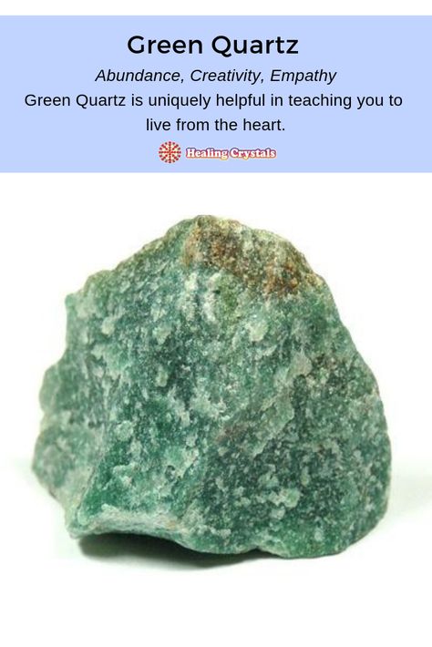 Affirmation: I give and receive loving, empathic energy. Keywords: Abundance, Creativity, Empathy Carrying Green Quartz can help to activate the Heart Chakra in order to bring in the knowledge of Universal Love and impart a sense of wholeness to the owner, making generosity occur more frequently. It is uniquely helpful in teaching you to live from the heart. #crystals #crystalhealing #healingstones Green Strawberry Quartz Meaning, Green Quartz Meaning, Crystal Education, Crystal Benefits, Best Healing Crystals, Quartz Properties, Give And Receive, Crystal Guide, Crystals Healing Properties