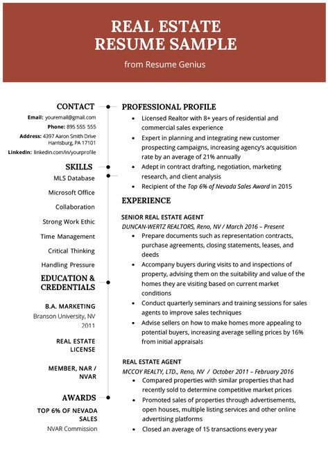 Real Estate Agent Resume & Writing Guide | Resume Genius Server Resume, Functional Resume Template, Resume Summary Examples, Accountant Resume, Sample Resume Templates, Sales Resume, Resume Template Examples, Resume Summary, Good Resume Examples