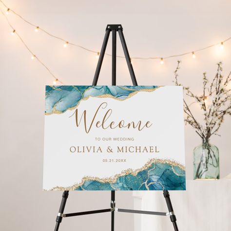 Agate Geode and Turquoise Teal Blue and Gold Foil Wedding Spring or Summer Welcome Sign - includes modern beautiful and elegant script for the special Wedding day celebration. Teal And Gold Beach Wedding, Teal And Gold Wedding Decor, Teal And Grey Wedding Decorations, Teal Blue Wedding Decor, Teal And Gold Wedding Cake, Wedding Theme Turquoise, Teal And Champagne Wedding, Teal Blue Wedding Theme, Ocean Blue Wedding Theme