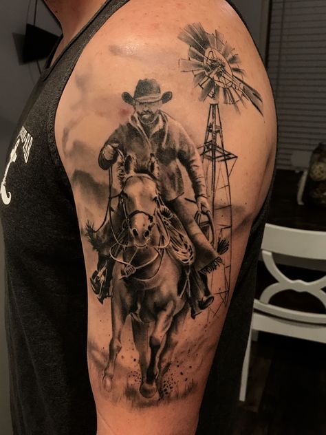 Western tattoo. Land Tattoos, Cowboy Tattoo, Western Tattoo, Tato Suku, Cowboy Tattoos, Army Tattoos, Country Tattoos, Tattoo Filler, Western Tattoos