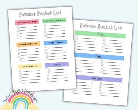 Printable Summer Bucket List, List Categories, Activity Planner, School Menu, Dinner Planner, Monthly Meal Planner, Summer Journal, Potty Training Chart, Summer Planner