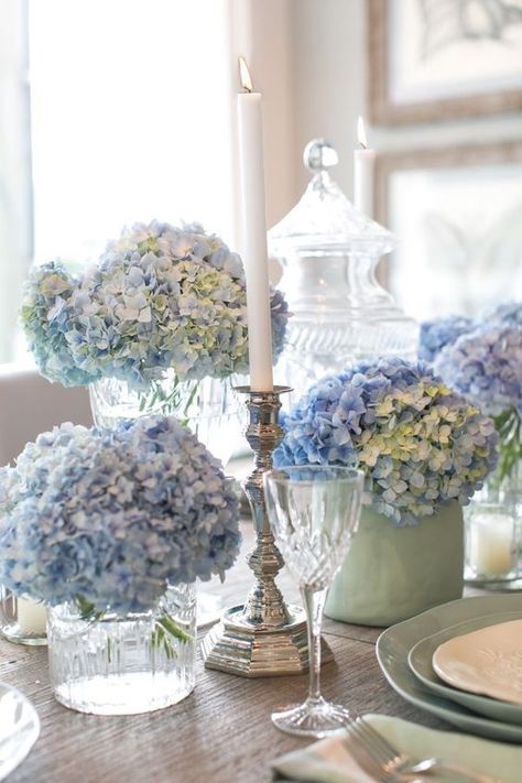 Blue Hydrangea Centerpieces, Blue Hydrangea Wedding, Raindrops And Roses, Hydrangea Centerpiece, Hydrangea Arrangements, Blue Bridal Shower, Blue Hydrangeas, Hydrangeas Wedding, Blue Themed Wedding