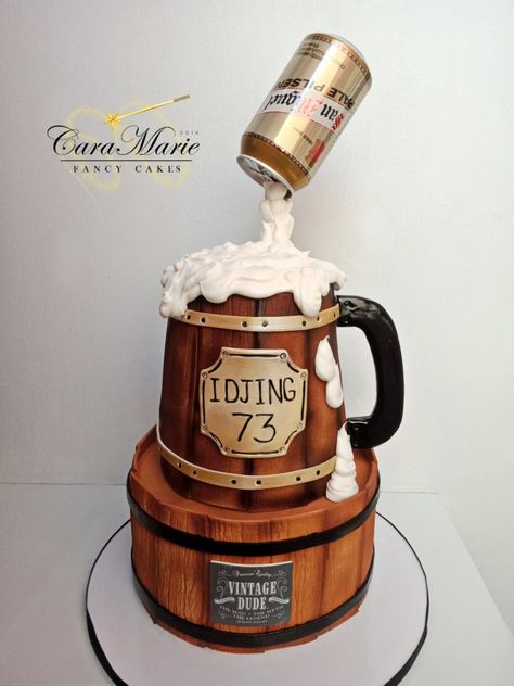 San Miguel Pale Pilsen beer mug cake on top of a barrel Beer Mug Cakes For Men, Beer Cake Design For Men, San Miguel Pale Pilsen, Beer Cakes For Men, Wine Theme Cakes, Beer Barrel Cake, 70th Birthday Cake For Men, Beer Bucket Cake, Beer Themed Cake