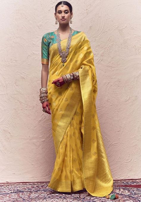 Lemon Yellow Pure Crepe Dola Silk Saree Yellow Saree, Ghagra Choli, Half Sleeve Blouse, Art Silk Sarees, Fancy Blouses, Zari Work, Silk Sarees Online, Traditional Sarees, Yellow Fabric