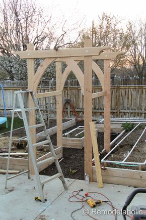 Vegetable Garden Arbor DIY Plans-42 Garden Arbor Diy, Arbor Diy, Diy Arbour, Vegetable Garden Beds, Wooden Arbor, Raised Vegetable Gardens, Arbors Trellis, Garden Arbor, Wooden Pergola