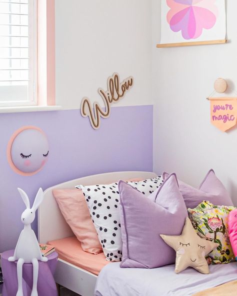 If this children’s bedroom was an emoji, it would be 🍬. Sweet, sweet candy. Fresh Lilac + Fresh Peach + Passionate Olive Green – a sweet & dreamy colour combination for sweet dreams. Guaranteed. ✅ Bedroom design courtesy of Hannah @playhaus_interiors and her incredible home. And yes, you can totally steal the colour combo for your own space. 🎨 #DifferentFeelsGood #YesColours #ChildrensBedroom #bedroomdecor #bedroomdesign #childrensroomdecor #childrensroom #freshlilac #freshpeach #pa... Sage And Clare, Girls Lilac Bedroom Ideas, Lilac Girls Bedroom, Kids Boho Room, Pastel Girls Bedroom, Purple Kids Bedroom, Siblings Room, Lilac Bedroom Ideas, Lilac Room