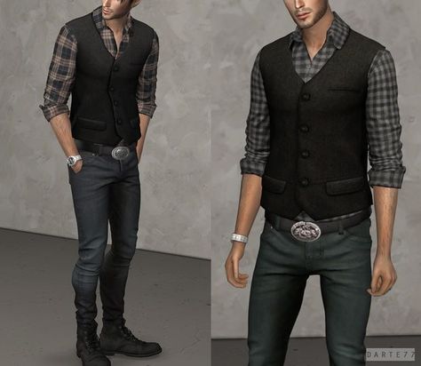 Rolled Up Sleeves Men, Cowboy Sims 4 Cc, Sims 4 Cowboy Cc, Shirt With Vest, Sims 4 Men Clothing, Sims 4 Male Clothes, Sims Stories, Cc Folder, Rich Clothes