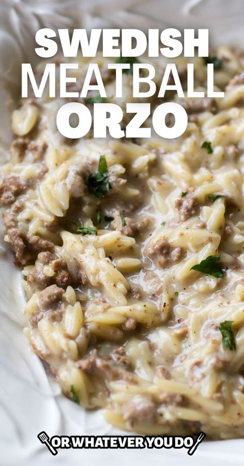 Swedish Meatball Hotdish, Orzo Stroganoff, Meatball Hotdish, Cold Orzo Recipes, Orzo And Hamburger Recipes, Hamburger And Orzo Recipes, Orzo And Ground Beef Recipes, Ground Chicken Orzo, Ground Beef Orzo Recipes