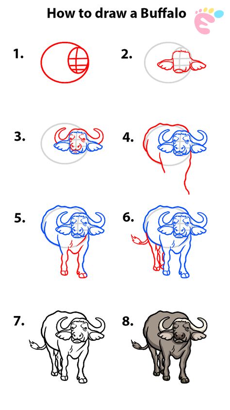 How To Draw A Buffalo, Buffalo Drawing Easy, Buffalo Drawing, Drawing Easy For Kids, Safari Camp, African Buffalo, Easy Animal Drawings, Sketching Tips, Easy Animals