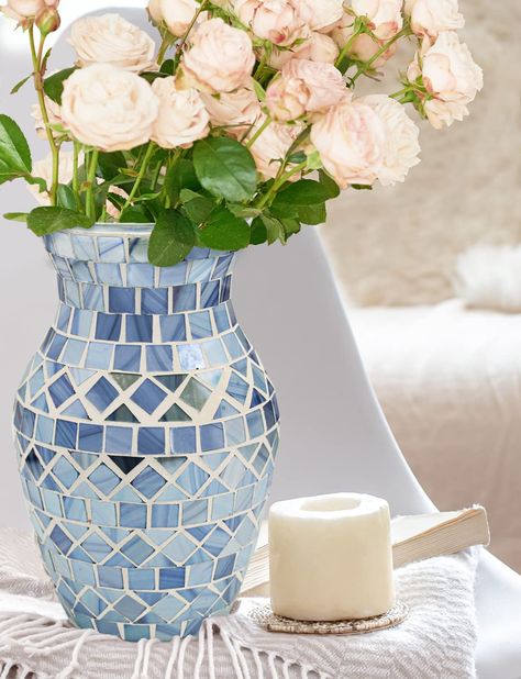 PRICES MAY VARY. 🌼UNIQUE VASE FOR CENTERPIECES - The mosaic blocks on the surface of the glass vase will shine bright like a diamond under the light. This is bound to become a bright spot on the table centerpieces, eye-catching decoration. The rational use of colors allows various flowers to match this blue mosaic vase. 💐EXQUISITE HANDMADE CRAFT - Each mosaic fragment on the plant vase is inlay by hand, which makes its workmanship more delicate. 🌻SPECIFICATION AND PACKING - Modern vase measur Plants Vase, Bedroom Bookshelves, Vases For Centerpieces, Blue Vases, Mosaic Vase, Mosaic Flower Pots, Glass Flower Vase, Mosaic Art Projects, Decorative Vases