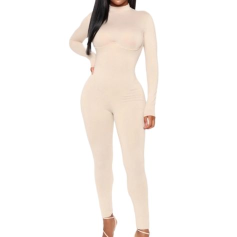 Nude Jumpsuit Longsleeve Underwire Zip Back Mock Neck 95% Polyester 5% Spandex Cream Jumpsuit, Spandex Jumpsuit, Terry Cloth Romper, Olive Green Jumpsuit, Fashion Nova Jumpsuit, Flowy Romper, Black White Jumpsuit, Bell Sleeve Romper, Full Body Suit