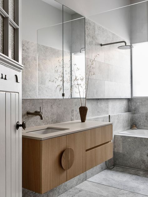 Rob Kennon Architects, Rob Kennon, Contemporary Bathroom Inspiration, Modern Bathroom Furniture, Stone Tile Bathroom, Modern Contemporary Bathroom, Modern Bathroom Tile, Grey Bathroom Vanity, Oak Bathroom